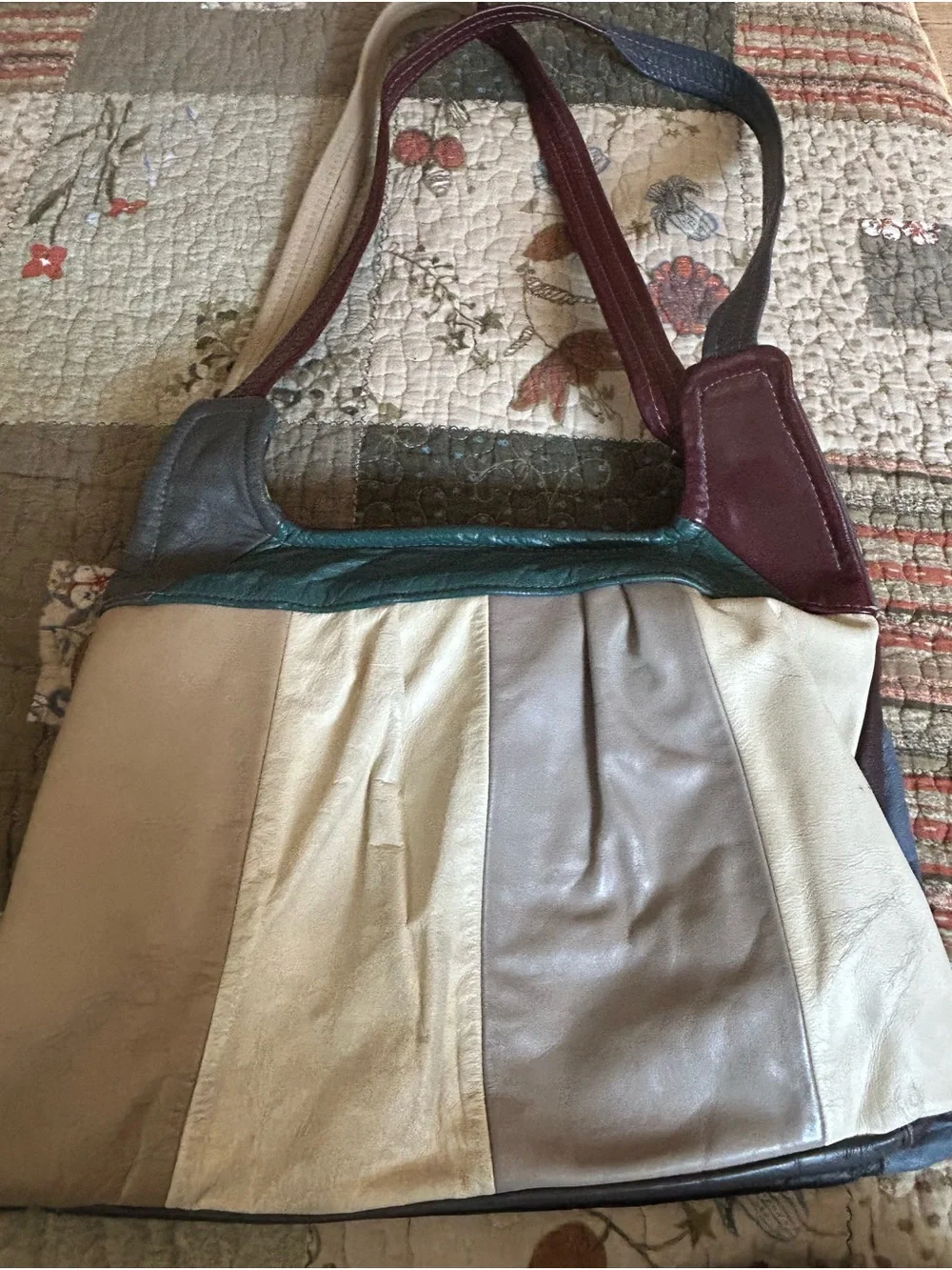 Multi-Color Genuine Leather Mexico Panel Shoulder Bag - Cream, Gray & Burgundy